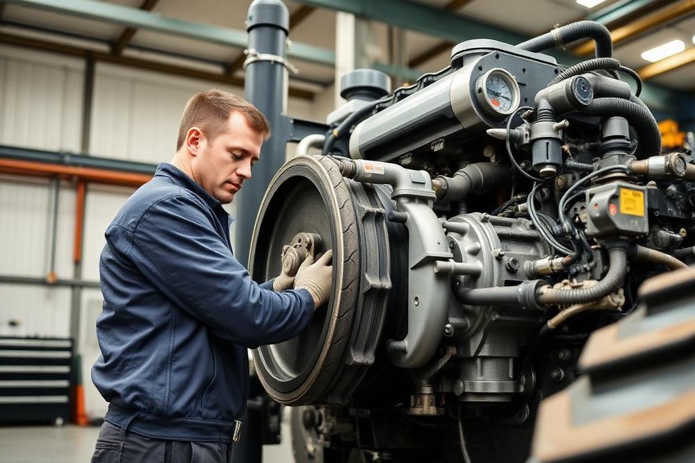 JJ Limited workshop technician servicing tractor engine